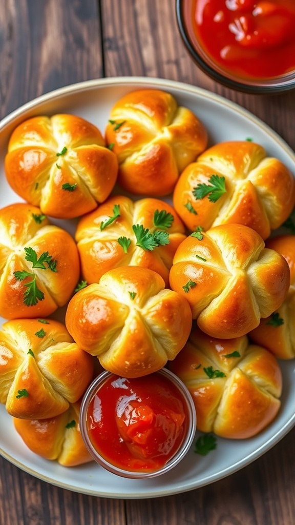 Freshly baked garlic knots on a plate, garnished with parsley and served with marinara sauce.